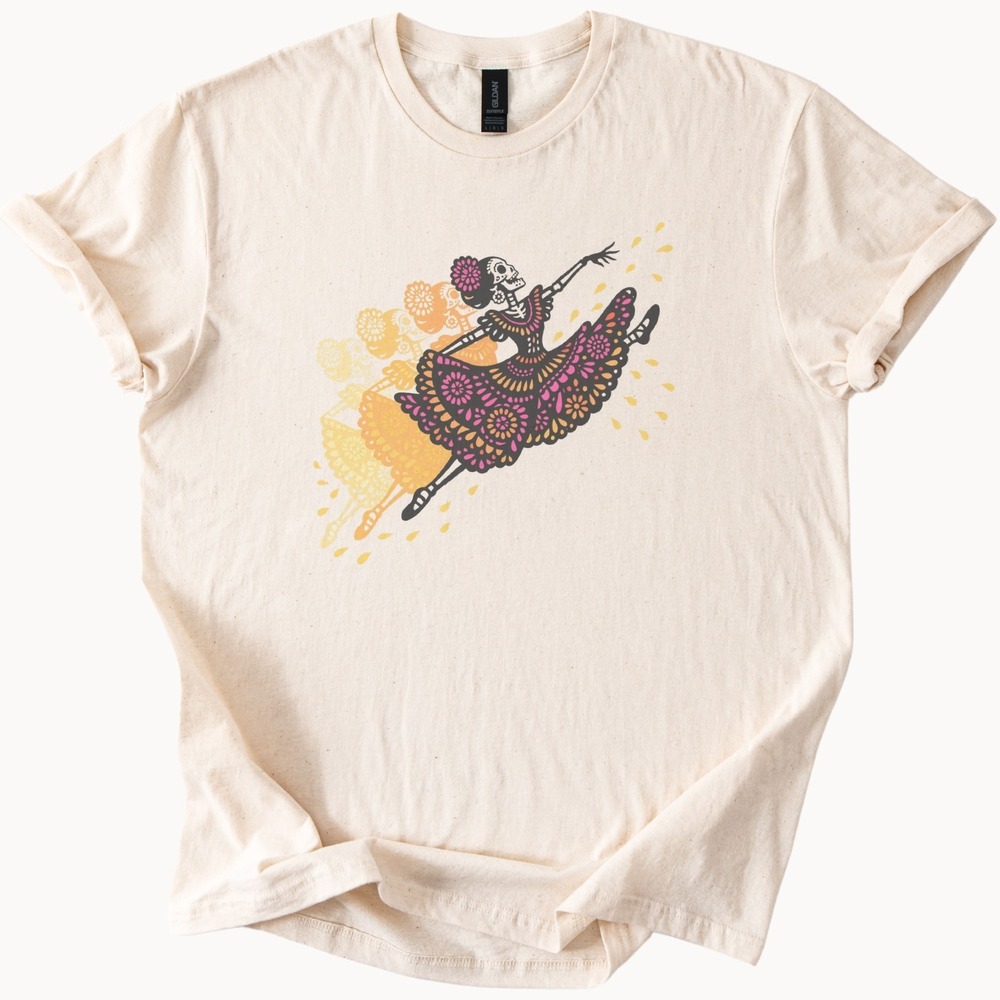 Sugar Skull Ballerina Leaping in Floral Skirt Tee